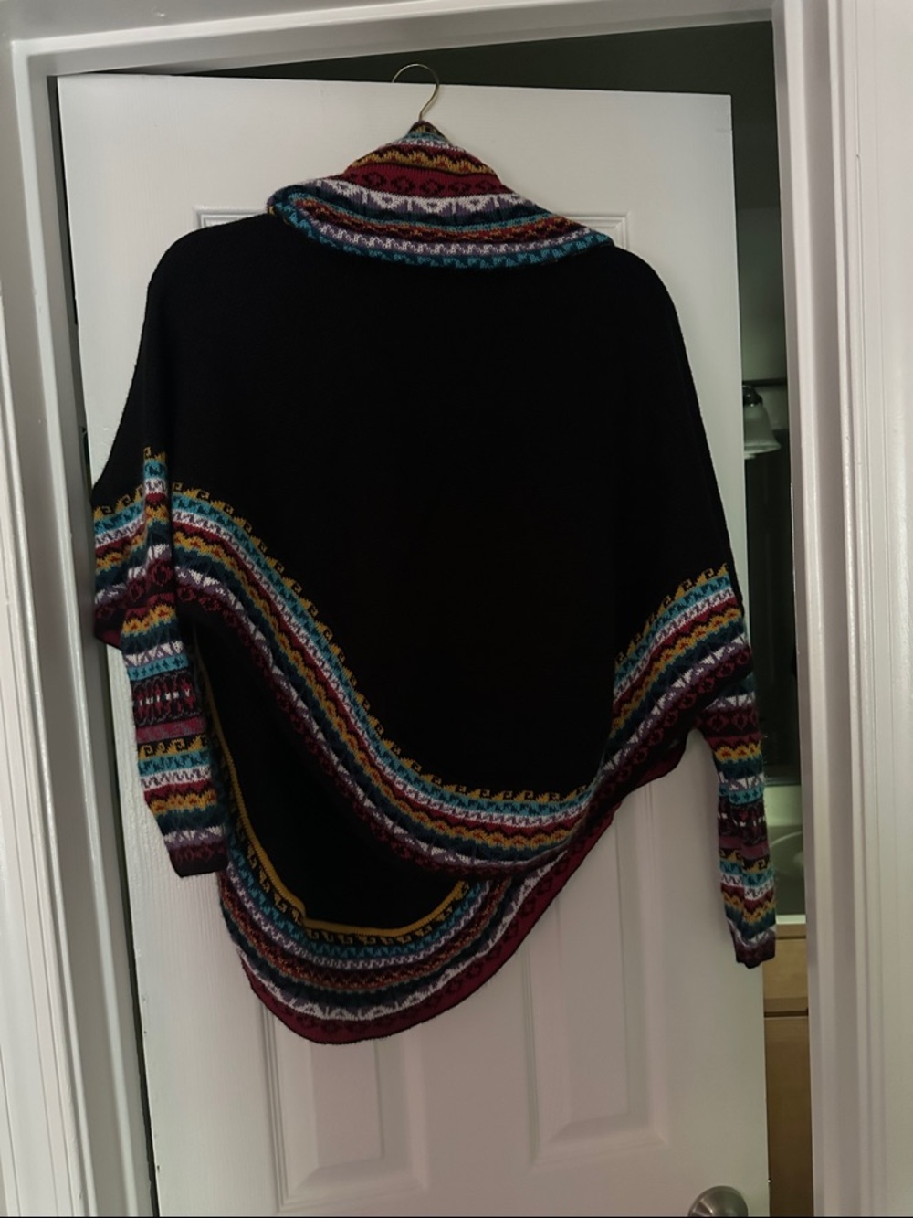 Black Hooded Women's Poncho with Multicolor Fair Isle Trim - Picture 2 of 2